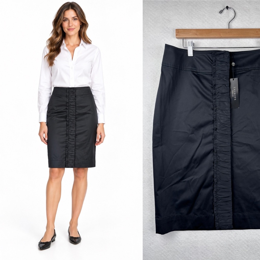Talbots Pencil Skirt Size 10 Black Ruffle Front Cotton Sateen Career Going Out